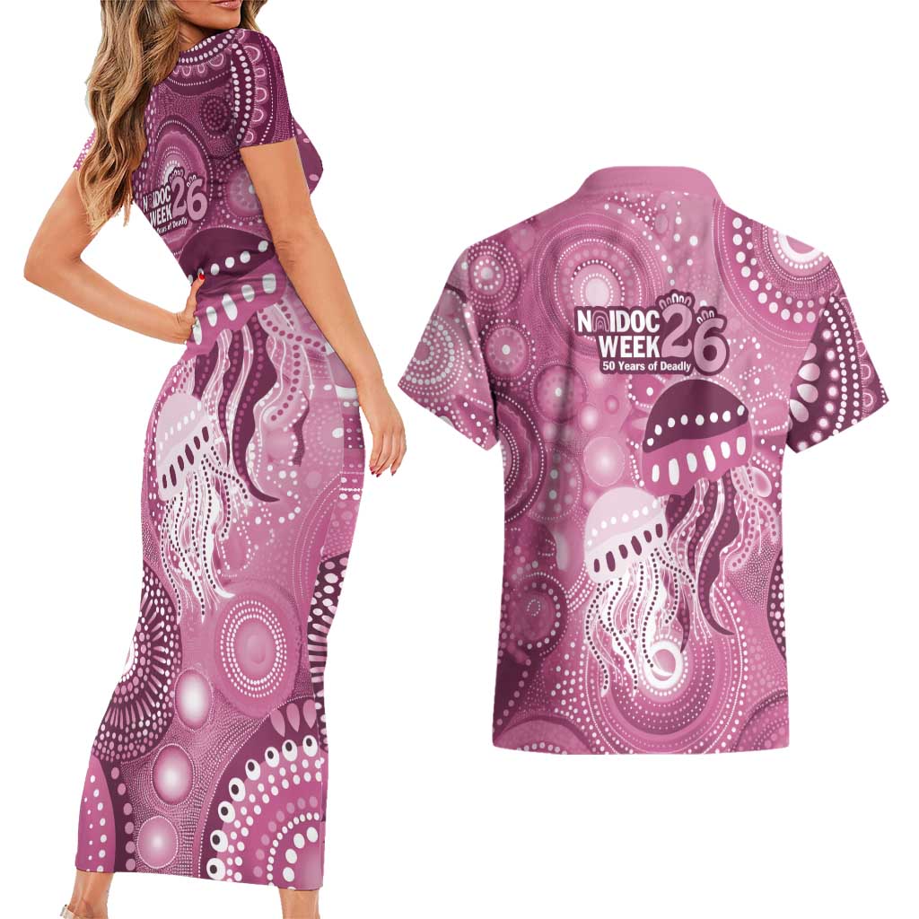 NAIDOC Deadly 50 Years Couples Matching Short Sleeve Bodycon Dress and Hawaiian Shirt Jellyfish Aboriginal Culture Inspired Pink