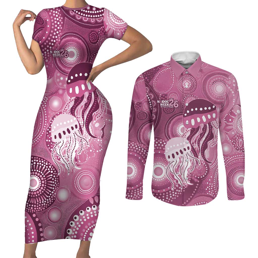 NAIDOC Deadly 50 Years Couples Matching Short Sleeve Bodycon Dress and Long Sleeve Button Shirt Jellyfish Aboriginal Culture Inspired Pink