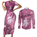 NAIDOC Deadly 50 Years Couples Matching Short Sleeve Bodycon Dress and Long Sleeve Button Shirt Jellyfish Aboriginal Culture Inspired Pink