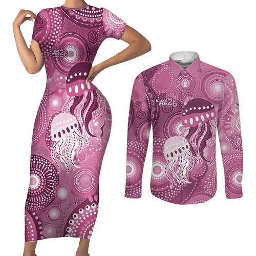 NAIDOC Deadly 50 Years Couples Matching Short Sleeve Bodycon Dress and Long Sleeve Button Shirt Jellyfish Aboriginal Culture Inspired Pink