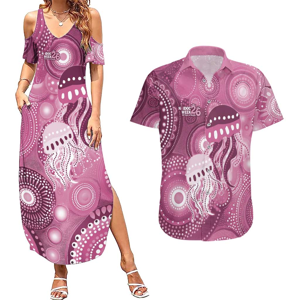 NAIDOC Deadly 50 Years Couples Matching Summer Maxi Dress and Hawaiian Shirt Jellyfish Aboriginal Culture Inspired Pink