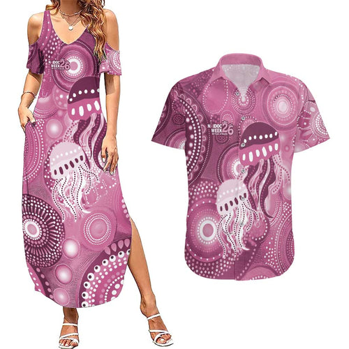NAIDOC Deadly 50 Years Couples Matching Summer Maxi Dress and Hawaiian Shirt Jellyfish Aboriginal Culture Inspired Pink