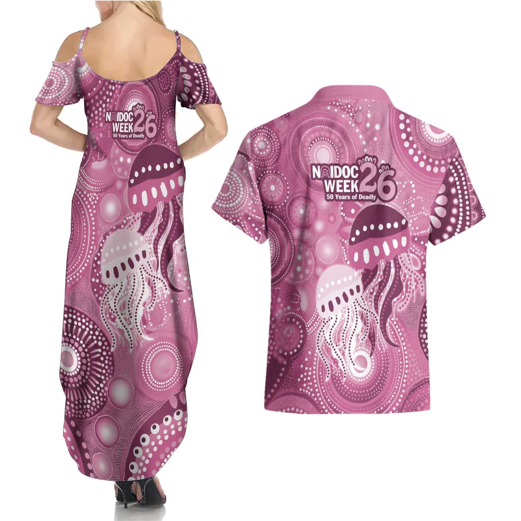 NAIDOC Deadly 50 Years Couples Matching Summer Maxi Dress and Hawaiian Shirt Jellyfish Aboriginal Culture Inspired Pink
