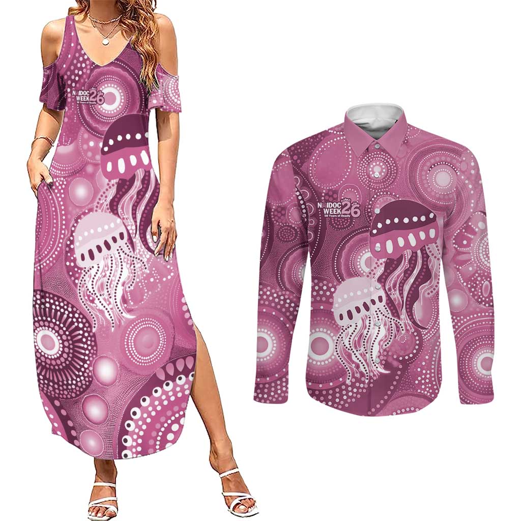 NAIDOC Deadly 50 Years Couples Matching Summer Maxi Dress and Long Sleeve Button Shirt Jellyfish Aboriginal Culture Inspired Pink