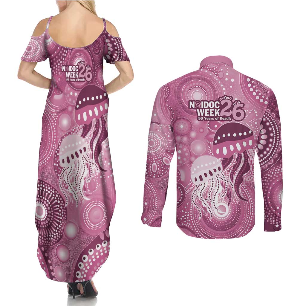 NAIDOC Deadly 50 Years Couples Matching Summer Maxi Dress and Long Sleeve Button Shirt Jellyfish Aboriginal Culture Inspired Pink