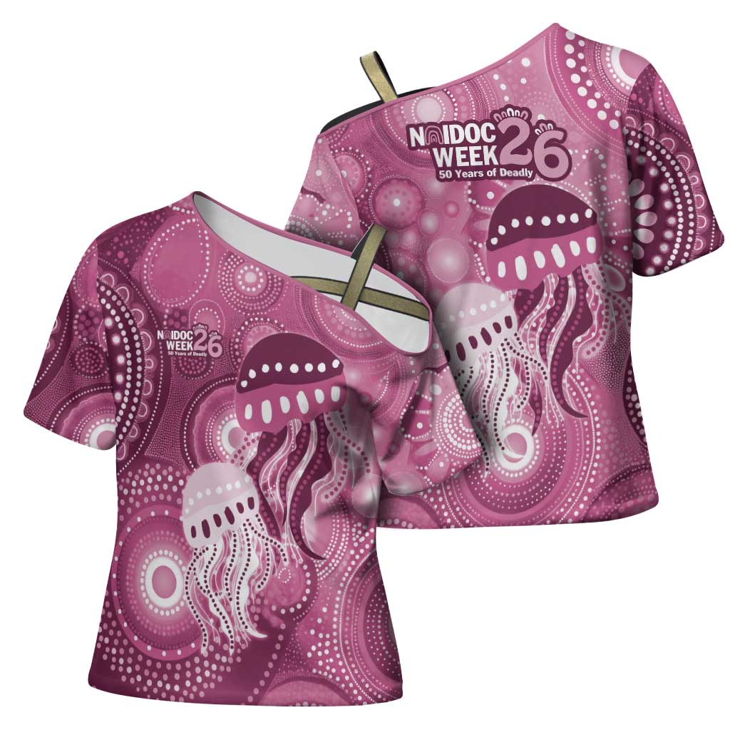 NAIDOC Deadly 50 Years Cross Shoulder Shirt Jellyfish Aboriginal Culture Inspired Pink