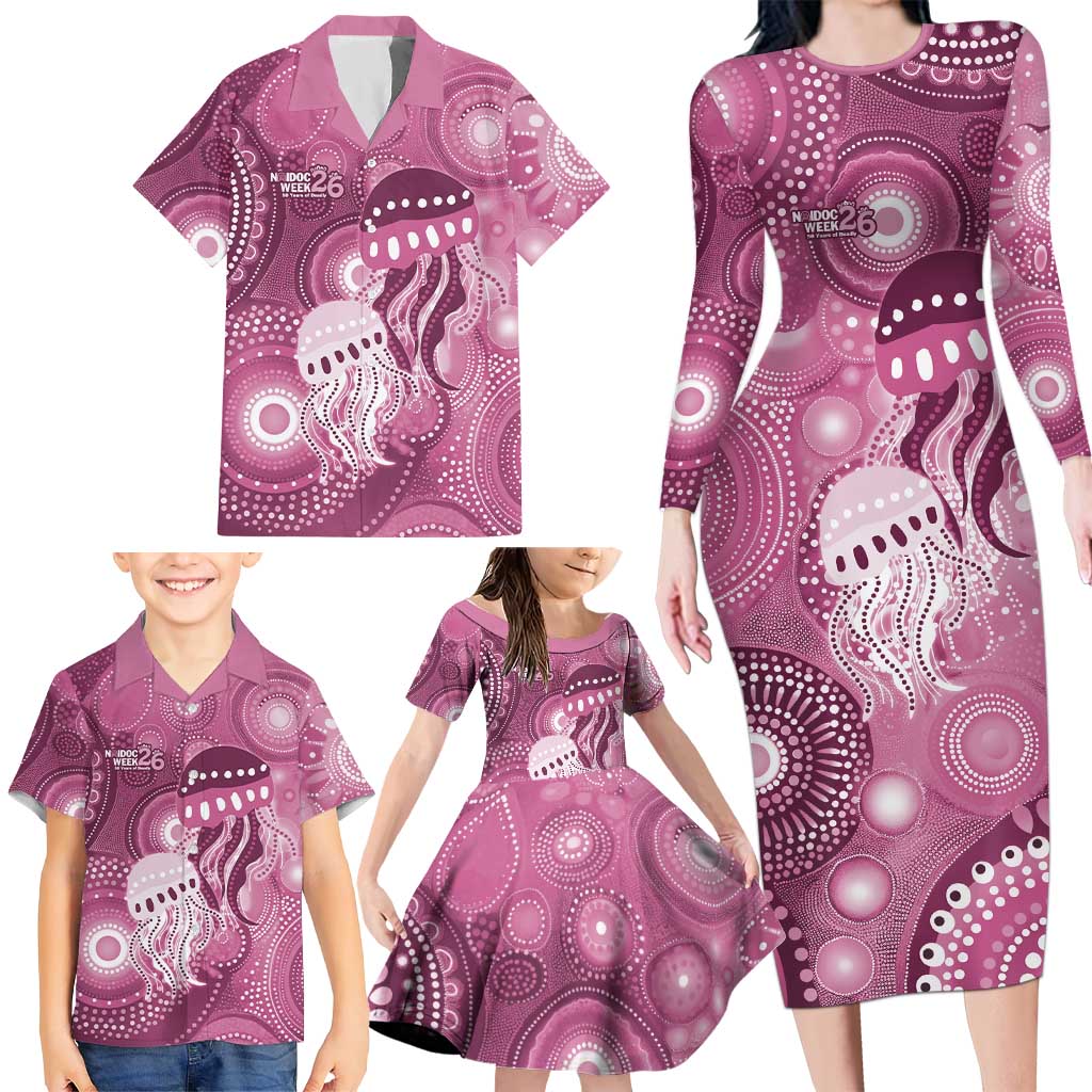 NAIDOC Deadly 50 Years Family Matching Long Sleeve Bodycon Dress and Hawaiian Shirt Jellyfish Aboriginal Culture Inspired Pink
