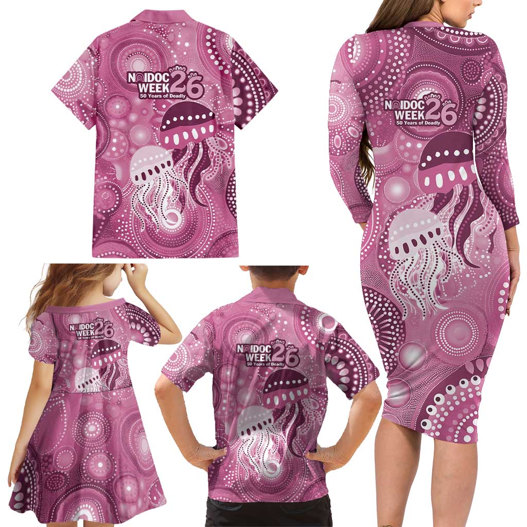 NAIDOC Deadly 50 Years Family Matching Long Sleeve Bodycon Dress and Hawaiian Shirt Jellyfish Aboriginal Culture Inspired Pink