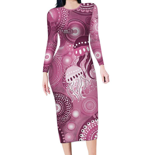 NAIDOC Deadly 50 Years Family Matching Long Sleeve Bodycon Dress and Hawaiian Shirt Jellyfish Aboriginal Culture Inspired Pink