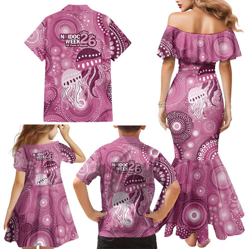 NAIDOC Deadly 50 Years Family Matching Mermaid Dress and Hawaiian Shirt Jellyfish Aboriginal Culture Inspired Pink