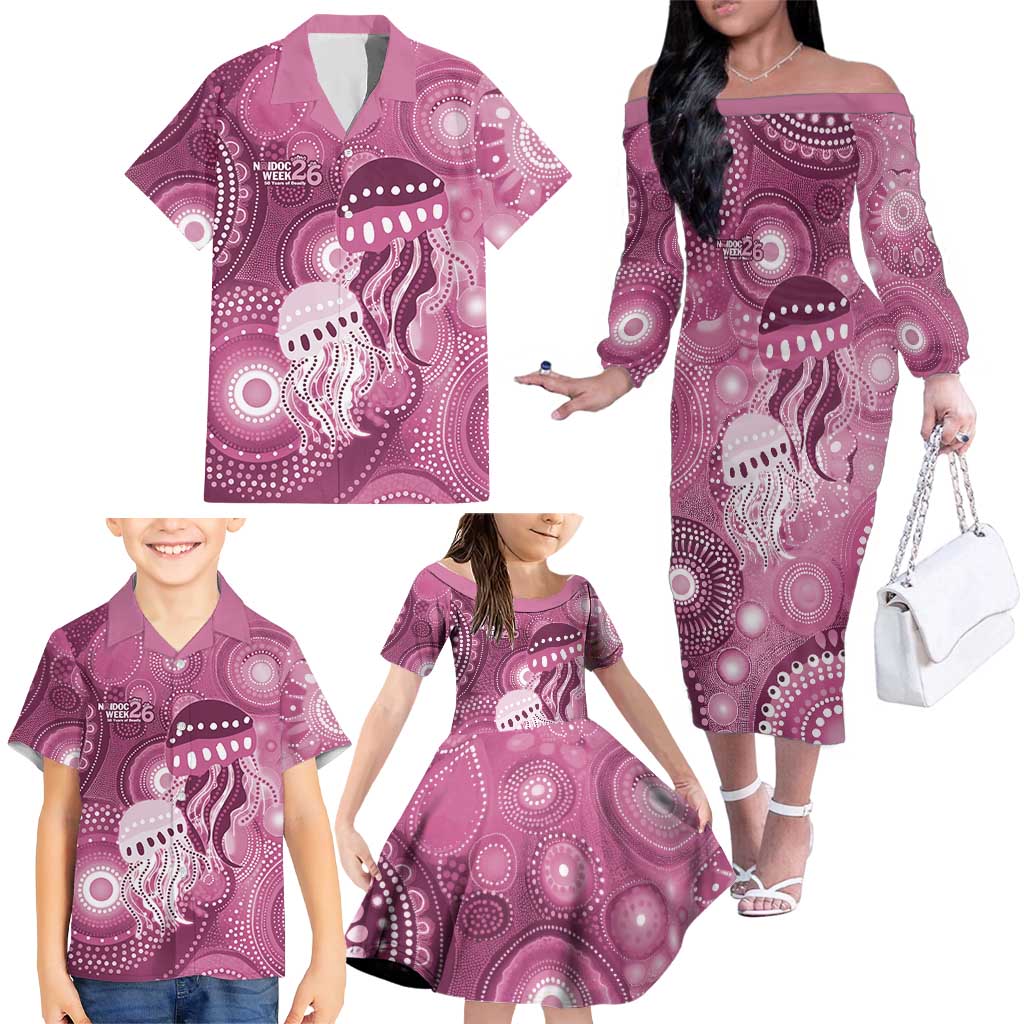 NAIDOC Deadly 50 Years Family Matching Off The Shoulder Long Sleeve Dress and Hawaiian Shirt Jellyfish Aboriginal Culture Inspired Pink