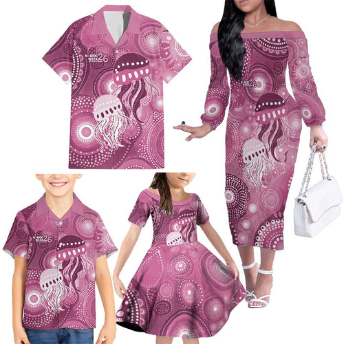 NAIDOC Deadly 50 Years Family Matching Off The Shoulder Long Sleeve Dress and Hawaiian Shirt Jellyfish Aboriginal Culture Inspired Pink