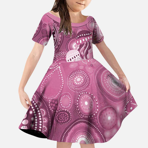 NAIDOC Deadly 50 Years Family Matching Off The Shoulder Long Sleeve Dress and Hawaiian Shirt Jellyfish Aboriginal Culture Inspired Pink