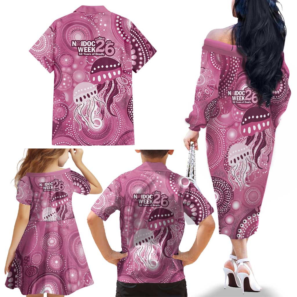 NAIDOC Deadly 50 Years Family Matching Off The Shoulder Long Sleeve Dress and Hawaiian Shirt Jellyfish Aboriginal Culture Inspired Pink