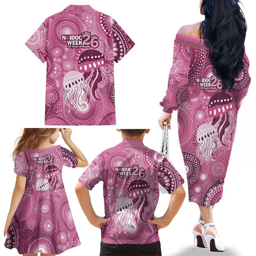 NAIDOC Deadly 50 Years Family Matching Off The Shoulder Long Sleeve Dress and Hawaiian Shirt Jellyfish Aboriginal Culture Inspired Pink