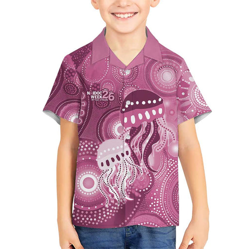 NAIDOC Deadly 50 Years Family Matching Off The Shoulder Long Sleeve Dress and Hawaiian Shirt Jellyfish Aboriginal Culture Inspired Pink