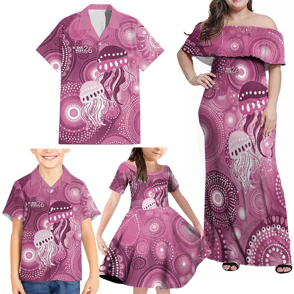 NAIDOC Deadly 50 Years Family Matching Off Shoulder Maxi Dress and Hawaiian Shirt Jellyfish Aboriginal Culture Inspired Pink