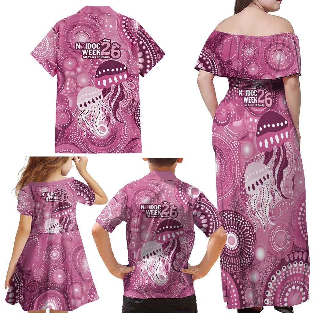 NAIDOC Deadly 50 Years Family Matching Off Shoulder Maxi Dress and Hawaiian Shirt Jellyfish Aboriginal Culture Inspired Pink