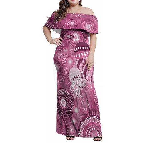 NAIDOC Deadly 50 Years Family Matching Off Shoulder Maxi Dress and Hawaiian Shirt Jellyfish Aboriginal Culture Inspired Pink