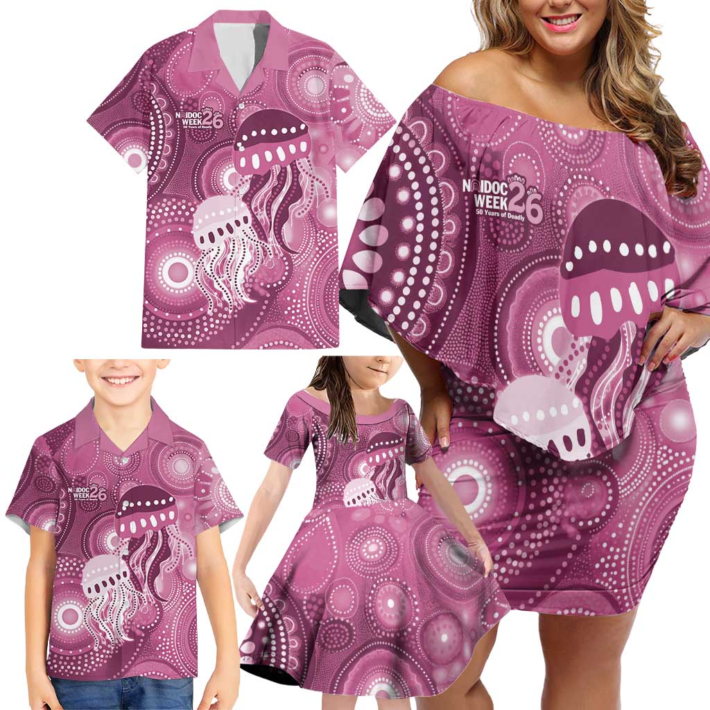 NAIDOC Deadly 50 Years Family Matching Off Shoulder Short Dress and Hawaiian Shirt Jellyfish Aboriginal Culture Inspired Pink