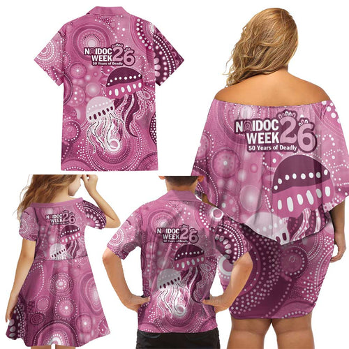 NAIDOC Deadly 50 Years Family Matching Off Shoulder Short Dress and Hawaiian Shirt Jellyfish Aboriginal Culture Inspired Pink