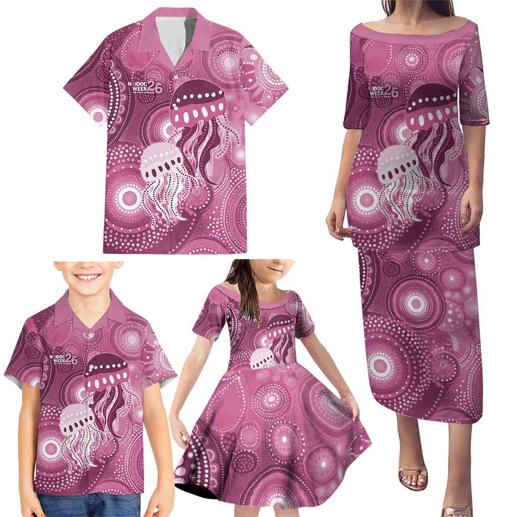 NAIDOC Deadly 50 Years Family Matching Puletasi and Hawaiian Shirt Jellyfish Aboriginal Culture Inspired Pink