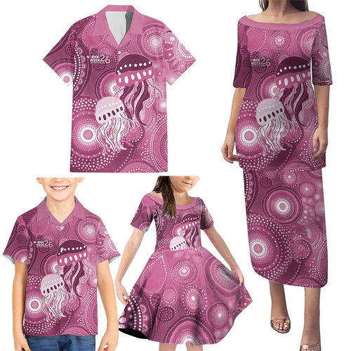 NAIDOC Deadly 50 Years Family Matching Puletasi and Hawaiian Shirt Jellyfish Aboriginal Culture Inspired Pink