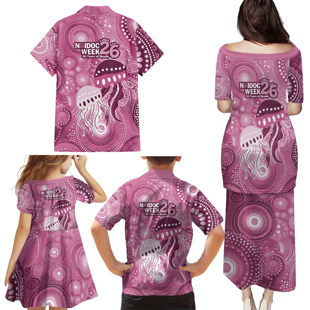 NAIDOC Deadly 50 Years Family Matching Puletasi and Hawaiian Shirt Jellyfish Aboriginal Culture Inspired Pink