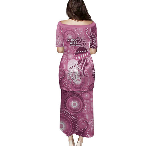 NAIDOC Deadly 50 Years Family Matching Puletasi and Hawaiian Shirt Jellyfish Aboriginal Culture Inspired Pink