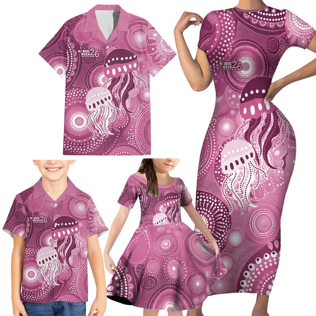 NAIDOC Deadly 50 Years Family Matching Short Sleeve Bodycon Dress and Hawaiian Shirt Jellyfish Aboriginal Culture Inspired Pink