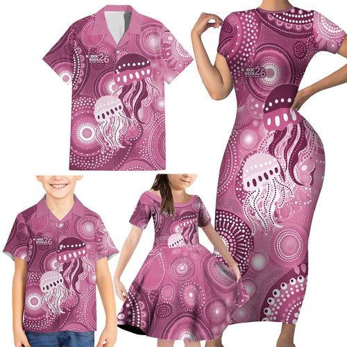 NAIDOC Deadly 50 Years Family Matching Short Sleeve Bodycon Dress and Hawaiian Shirt Jellyfish Aboriginal Culture Inspired Pink