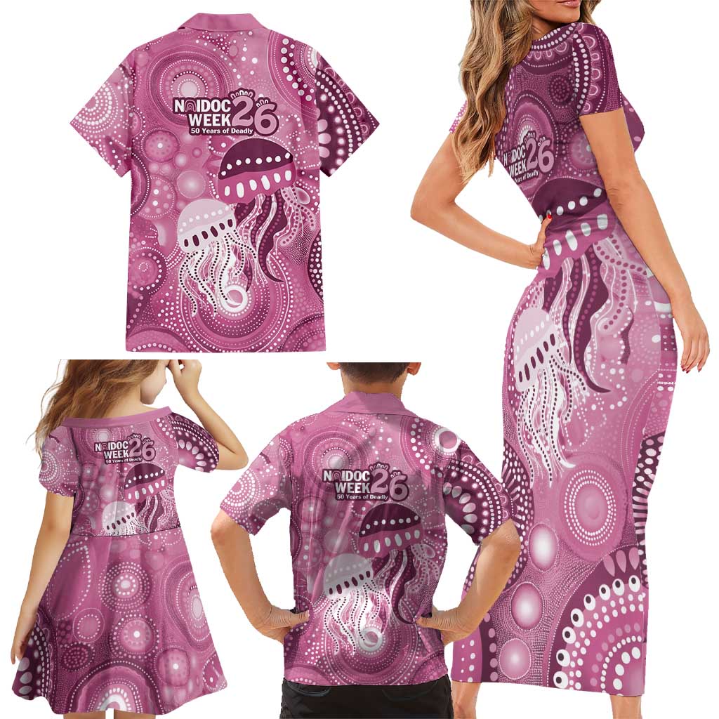 NAIDOC Deadly 50 Years Family Matching Short Sleeve Bodycon Dress and Hawaiian Shirt Jellyfish Aboriginal Culture Inspired Pink