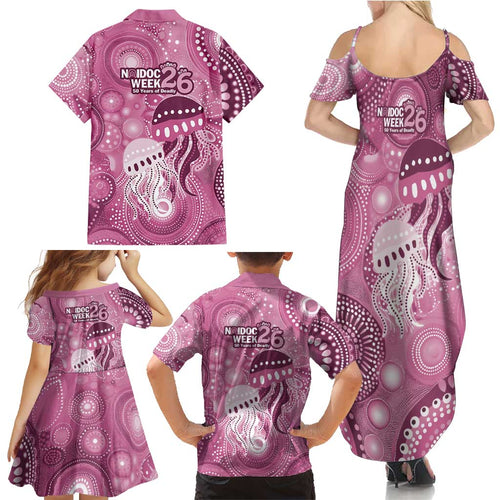 NAIDOC Deadly 50 Years Family Matching Summer Maxi Dress and Hawaiian Shirt Jellyfish Aboriginal Culture Inspired Pink