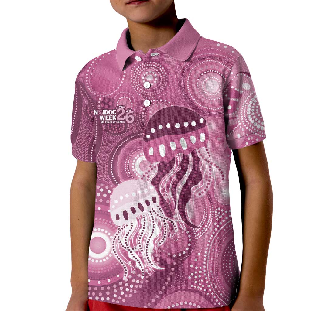 NAIDOC Deadly 50 Years Kid Polo Shirt Jellyfish Aboriginal Culture Inspired Pink