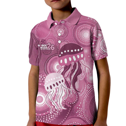 NAIDOC Deadly 50 Years Kid Polo Shirt Jellyfish Aboriginal Culture Inspired Pink