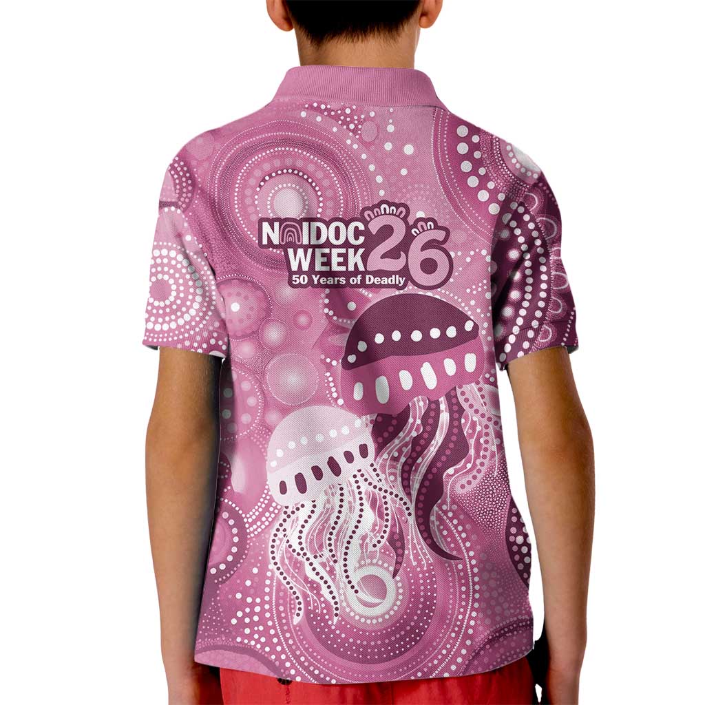NAIDOC Deadly 50 Years Kid Polo Shirt Jellyfish Aboriginal Culture Inspired Pink