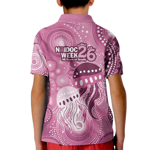 NAIDOC Deadly 50 Years Kid Polo Shirt Jellyfish Aboriginal Culture Inspired Pink