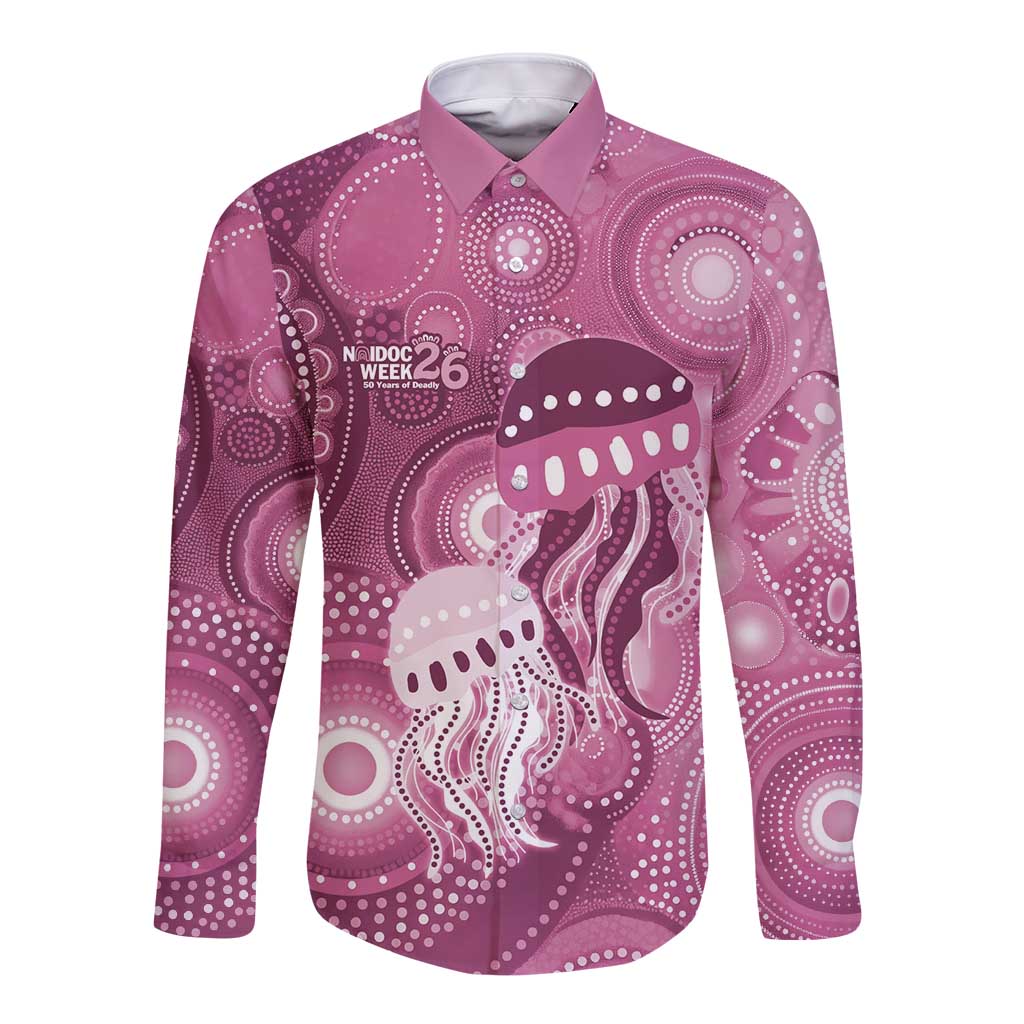 NAIDOC Deadly 50 Years Long Sleeve Button Shirt Jellyfish Aboriginal Culture Inspired Pink