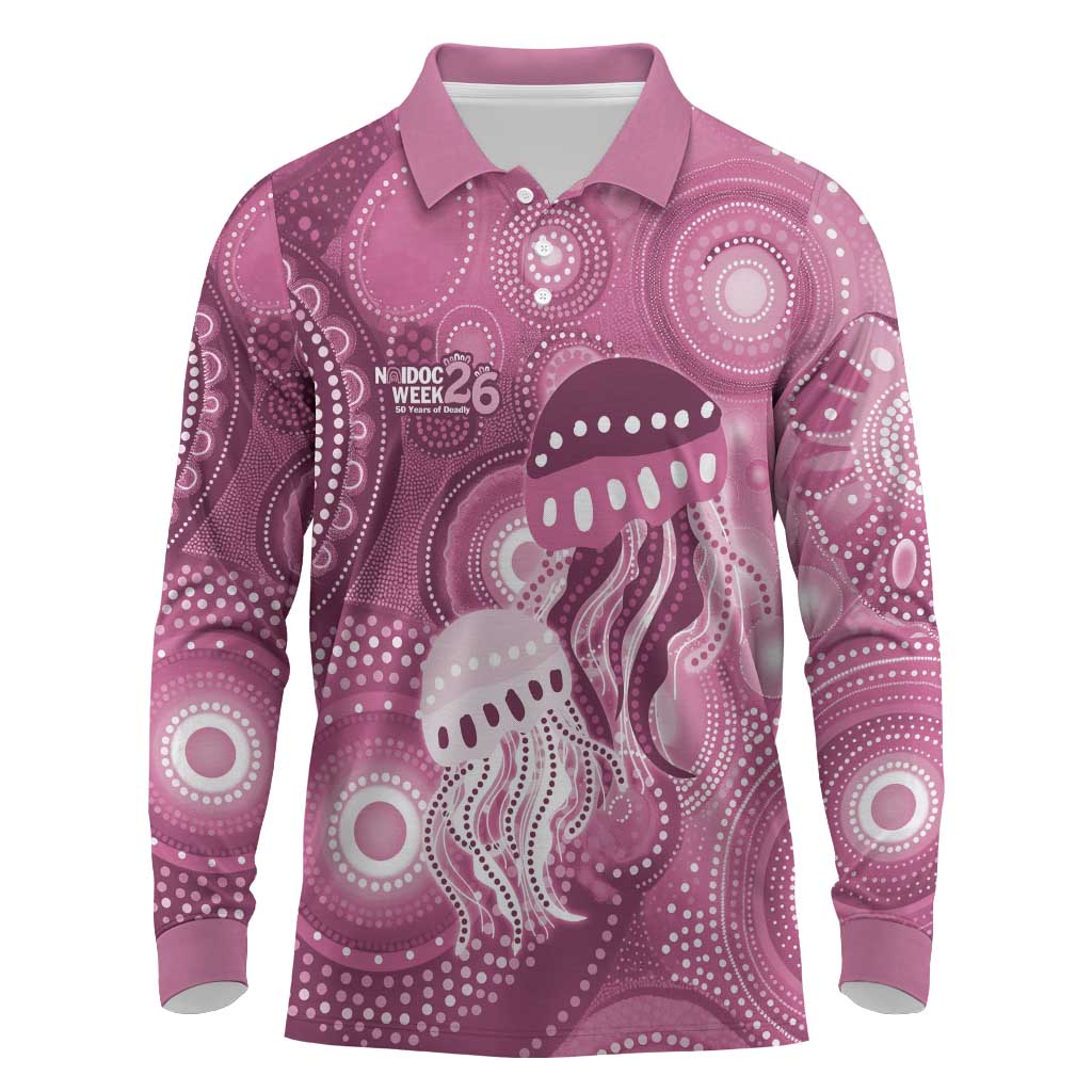NAIDOC Deadly 50 Years Long Sleeve Polo Shirt Jellyfish Aboriginal Culture Inspired Pink