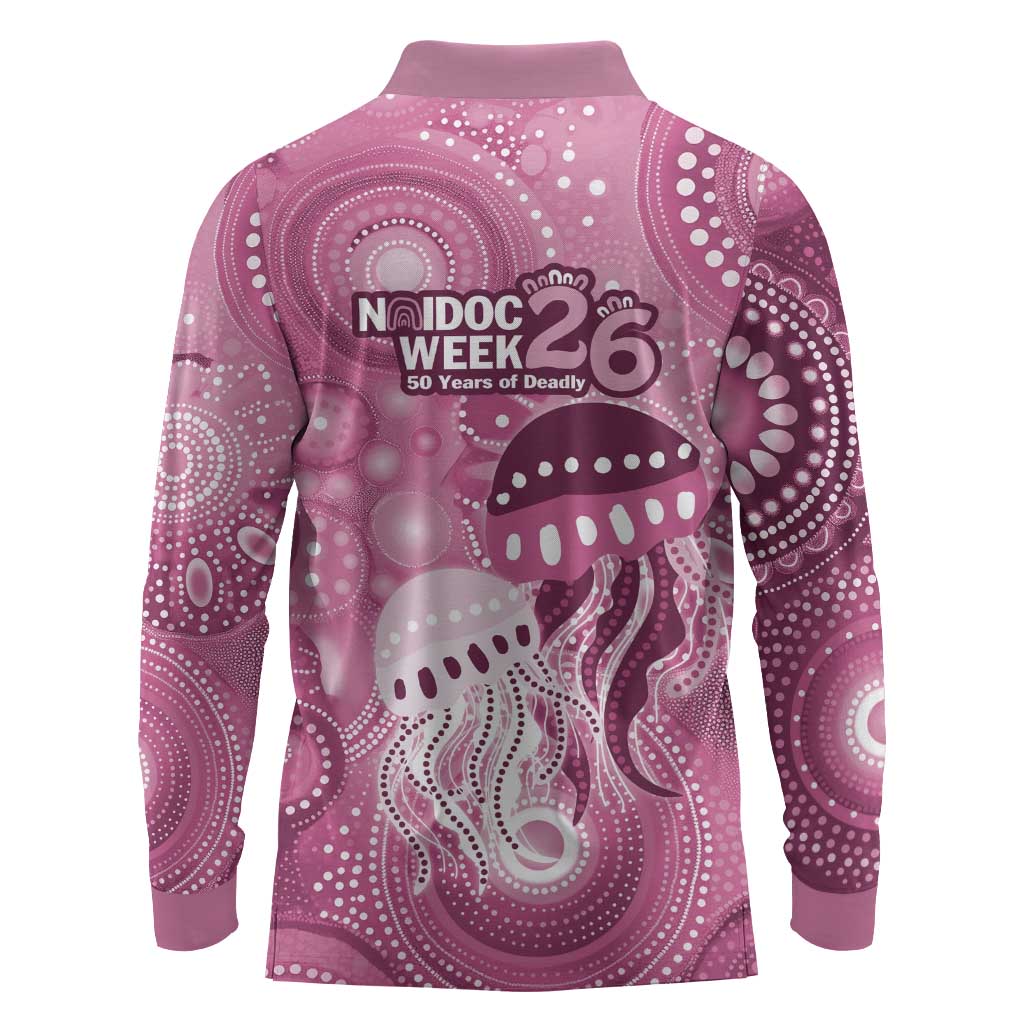 NAIDOC Deadly 50 Years Long Sleeve Polo Shirt Jellyfish Aboriginal Culture Inspired Pink