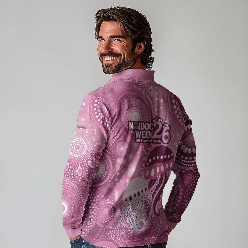 NAIDOC Deadly 50 Years Long Sleeve Polo Shirt Jellyfish Aboriginal Culture Inspired Pink