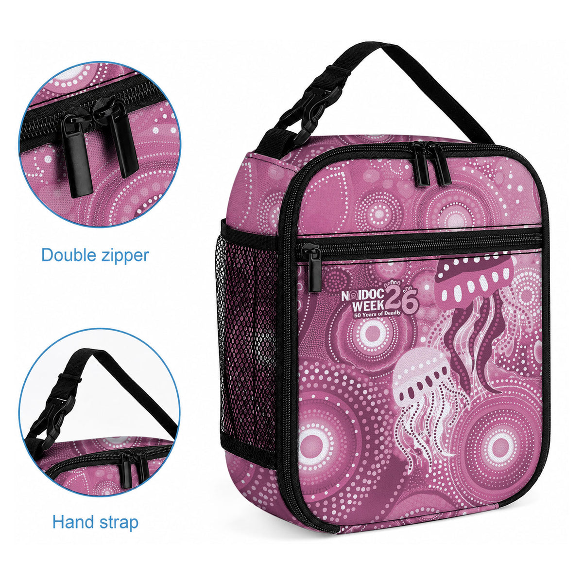 NAIDOC Deadly 50 Years Lunch Bag Jellyfish Aboriginal Culture Inspired Pink