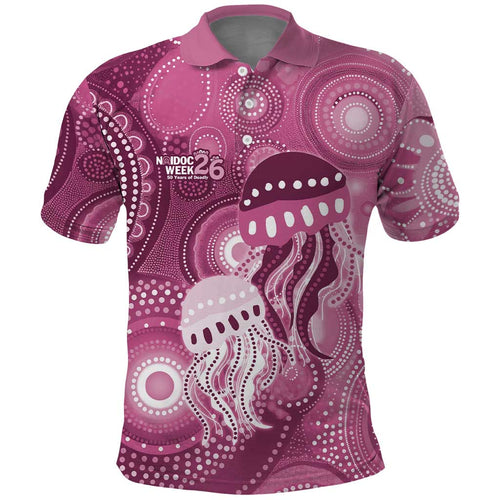 NAIDOC Deadly 50 Years Polo Shirt Jellyfish Aboriginal Culture Inspired Pink