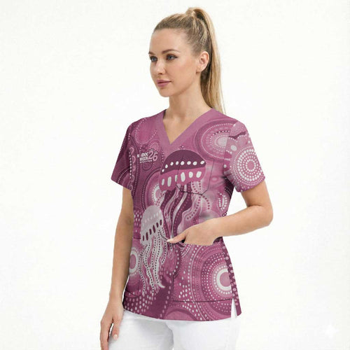 NAIDOC Deadly 50 Years Scrub Top Jellyfish Aboriginal Culture Inspired Pink