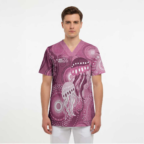 NAIDOC Deadly 50 Years Scrub Top Jellyfish Aboriginal Culture Inspired Pink