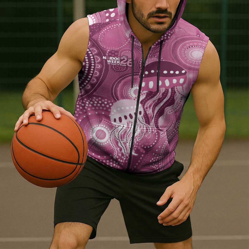 NAIDOC Deadly 50 Years Sleeveless Zip Hoodie Jellyfish Aboriginal Culture Inspired Pink
