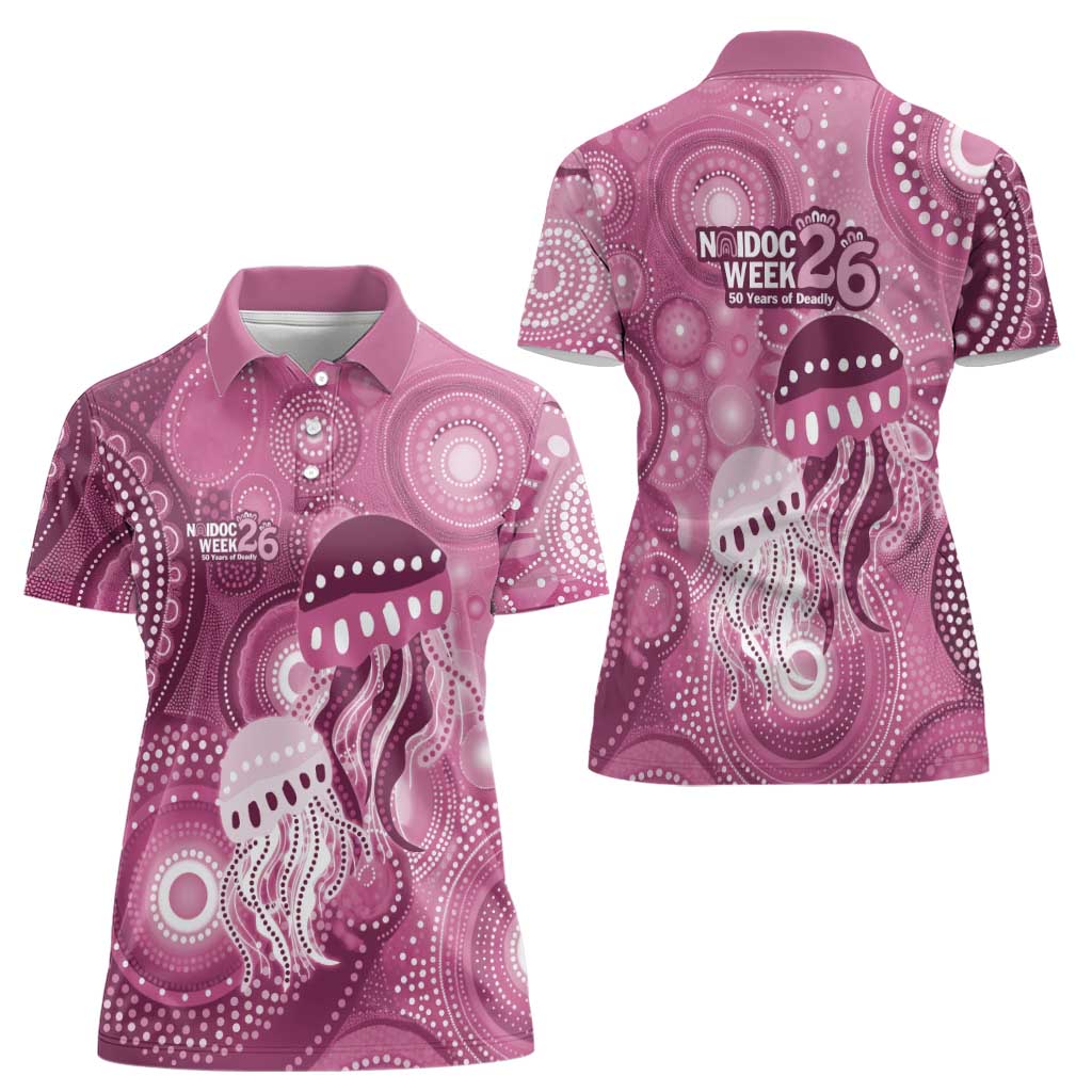 NAIDOC Deadly 50 Years Women Polo Shirt Jellyfish Aboriginal Culture Inspired Pink