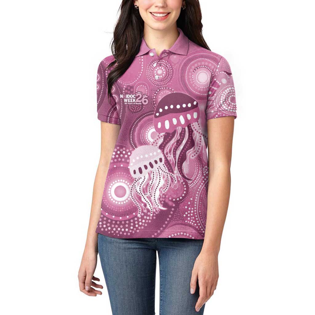 NAIDOC Deadly 50 Years Women Polo Shirt Jellyfish Aboriginal Culture Inspired Pink