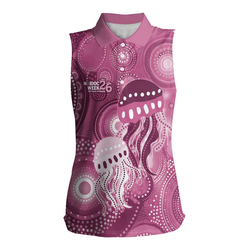 NAIDOC Deadly 50 Years Women Sleeveless Polo Shirt Jellyfish Aboriginal Culture Inspired Pink