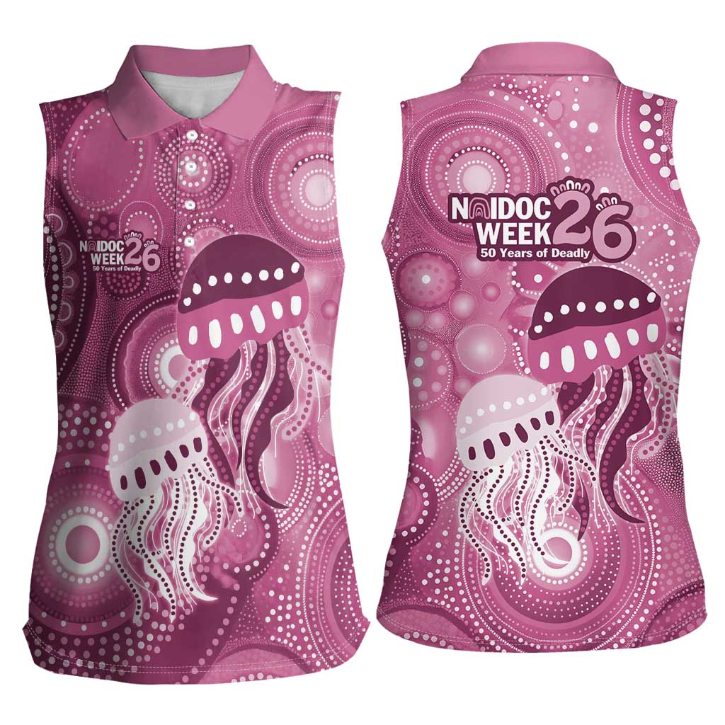 NAIDOC Deadly 50 Years Women Sleeveless Polo Shirt Jellyfish Aboriginal Culture Inspired Pink